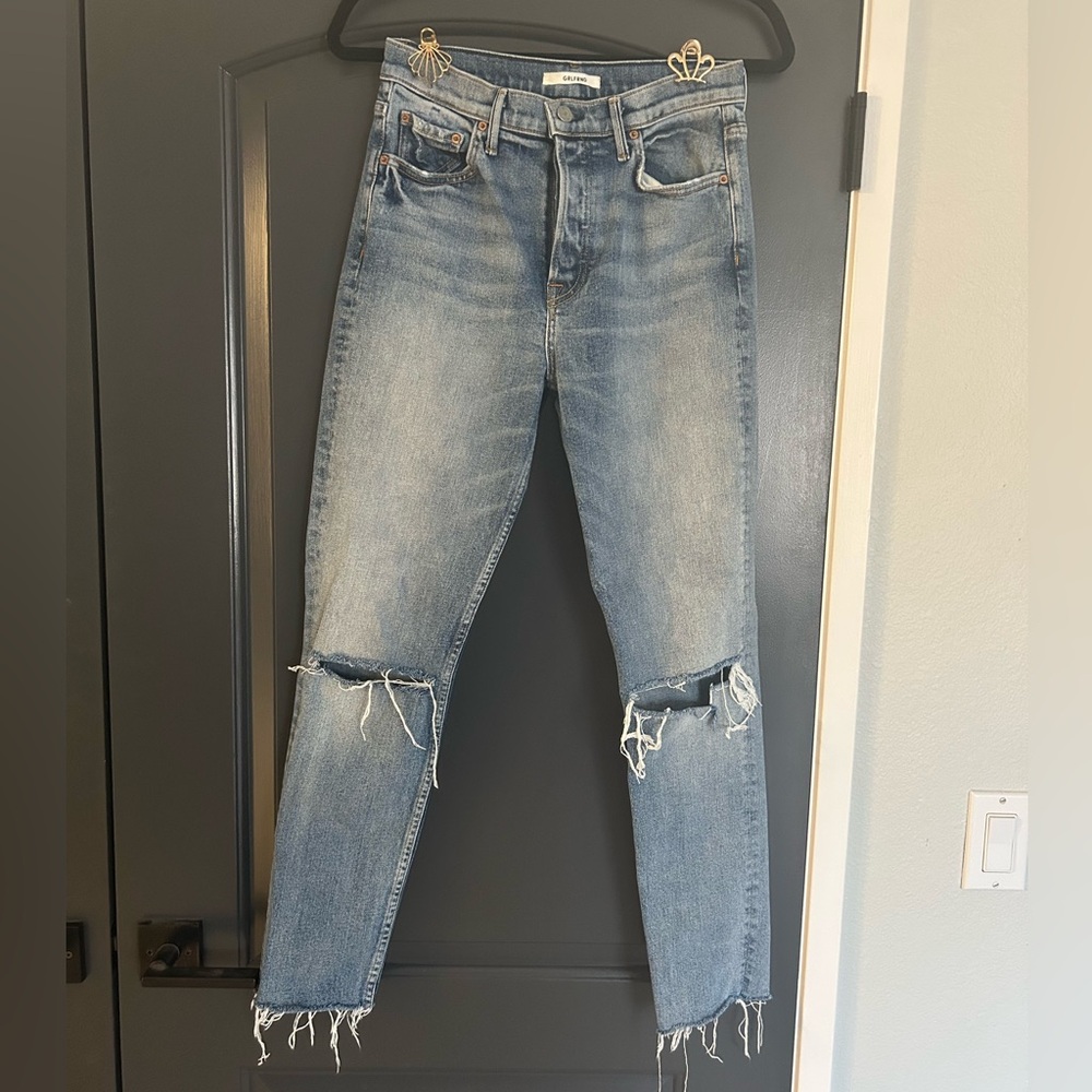 GRLFRND distressed straight leg jeans